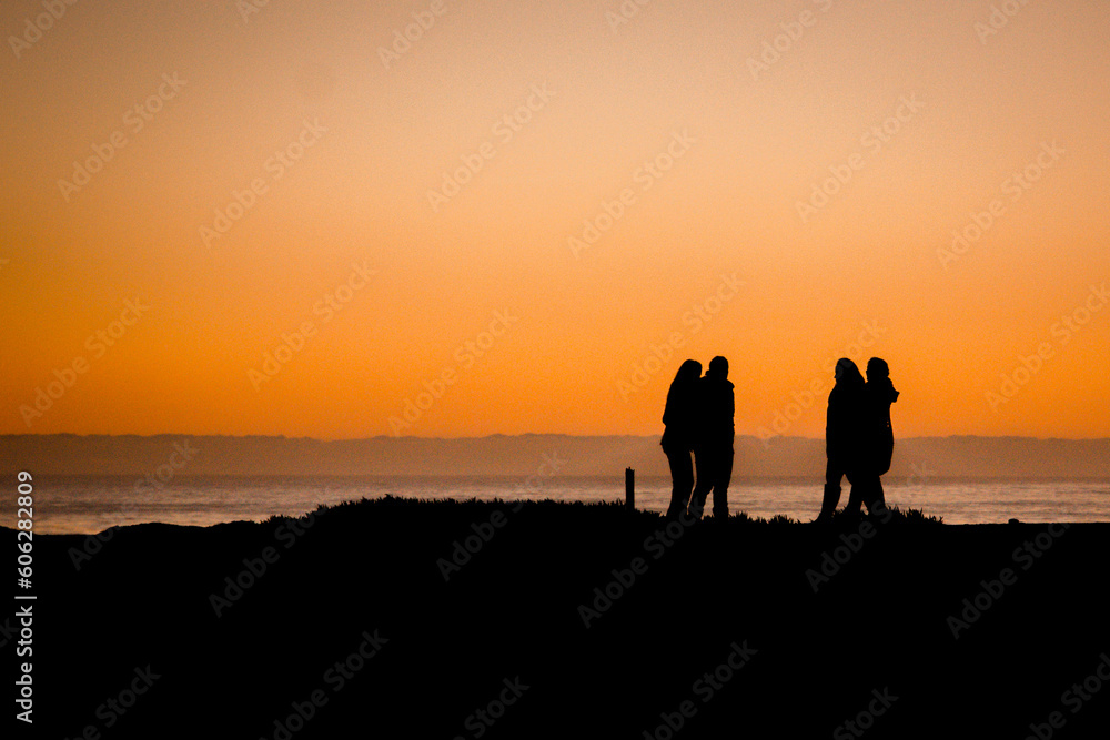 silhouettes of people walking on a beach at sunset