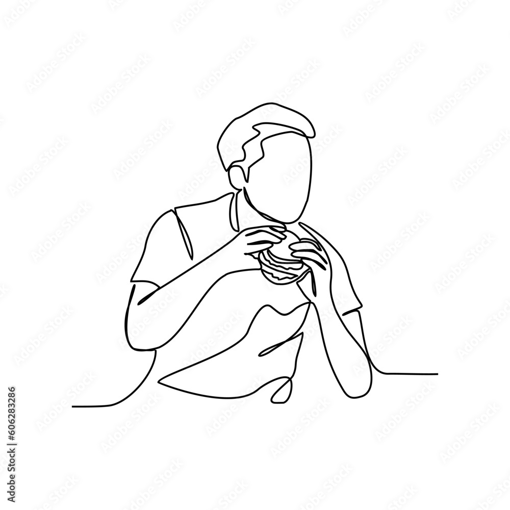 One continuous line drawing of a people eating a Burger. Food ...