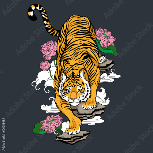 Clip Art Tiger walk and lotus traditional style Chinese art