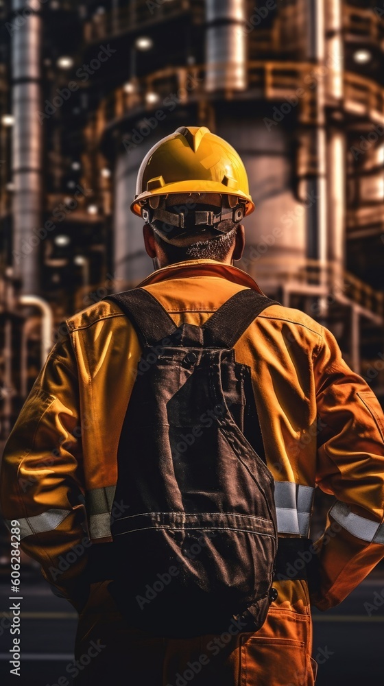 Worker stands and observes an oil refinery in a protective jacket and helmet. Security concept. Generative AI Worker stands and observes an oil refinery in a protective jacket and helmet. Security concept. Generative AI
