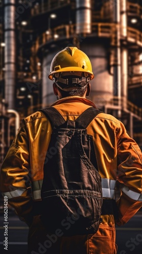 Worker stands and observes an oil refinery in a protective jacket and helmet. Security concept. Generative AI © ColdFire