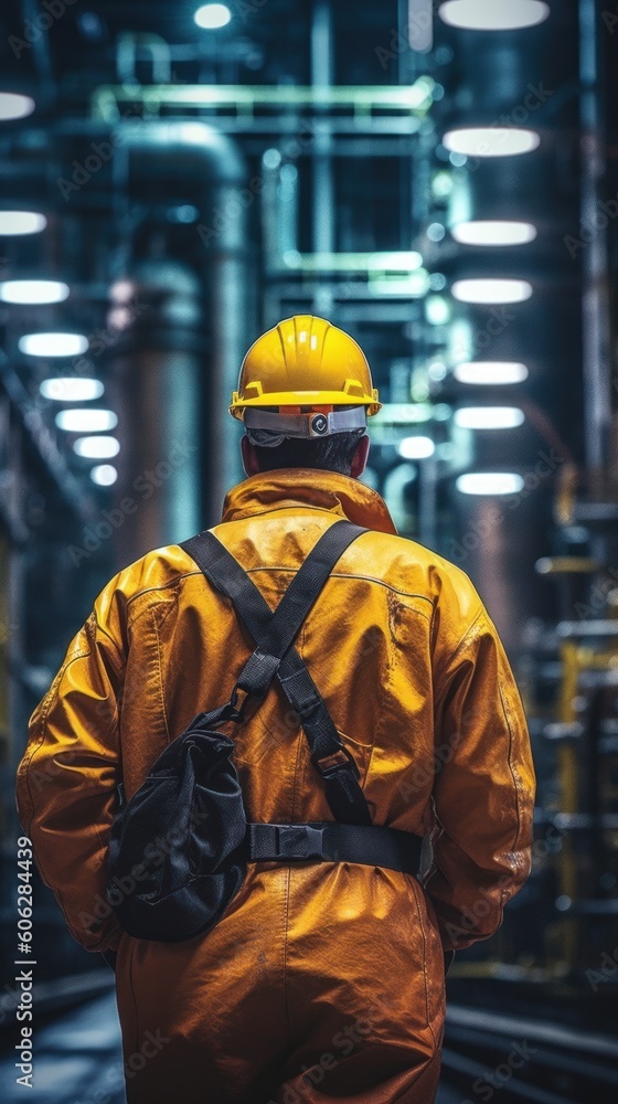 Worker stands and observes an oil refinery in a protective jacket and helmet. Security concept. Generative AI Worker stands and observes an oil refinery in a protective jacket and helmet. Security concept. Generative AI