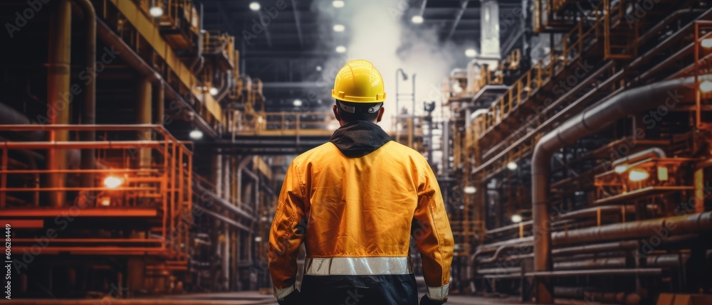 Worker stands and observes an oil refinery in a protective jacket and helmet. Security concept. Generative AI Worker stands and observes an oil refinery in a protective jacket and helmet. Security concept. Generative AI