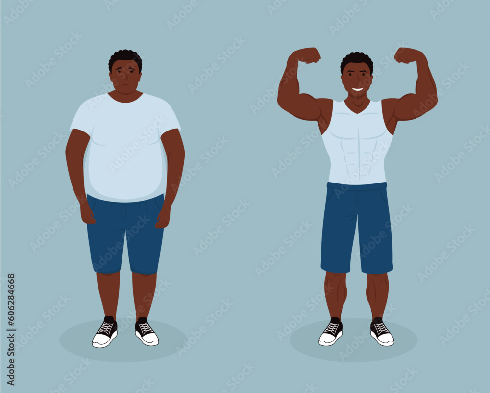 Dark skin man body transformation. Before and after go in for sports Dark skin man body transformation. Before and after go in for sports