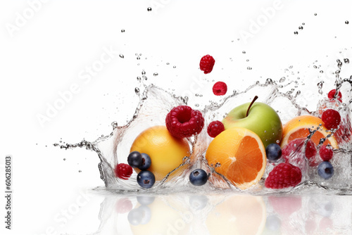 Fresh fruits falling in water splash isolated on white background