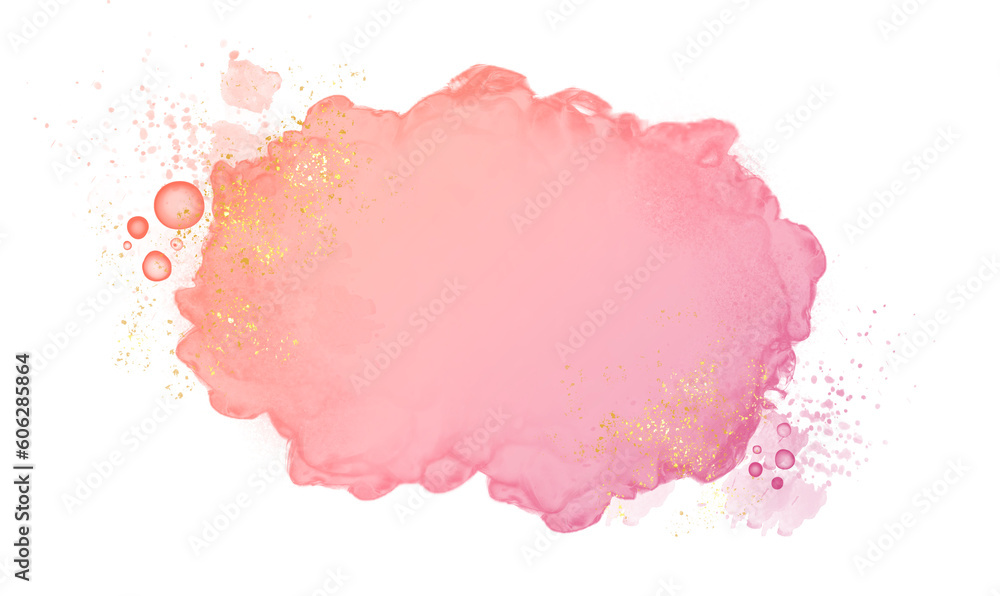 Pastel rose or pink watercolor brush stroke splash with luxury golden frame and glitter gold lines round contour frame for banner or logo wedding elements	