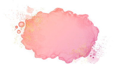 Pastel rose or pink watercolor brush stroke splash with luxury golden frame and glitter gold lines round contour frame for banner or logo wedding elements	