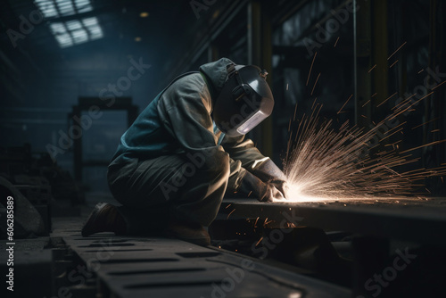 Heavy Industry Engineering Factory Interior with unrecognizable Industrial Worker Using Angle Grinder and Cutting a Metal Tube, Contractor in Safety Uniform and Hard Hat Manufacturing Metal Structures