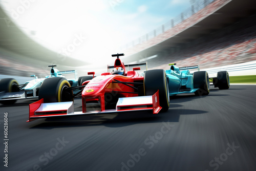 Formula one type racing cars speeding down around a bend in the track in front of a stadium filled with people, All elements are designed and modelled by myself, All markings and designs are entirely 