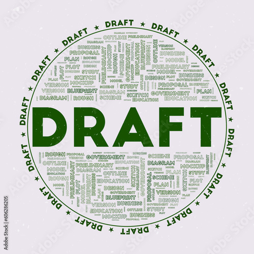 Draft - round badge. Text draft with keyword word clouds and circular text. Donegal Green color theme and grunge texture. Stylish vector illustration.