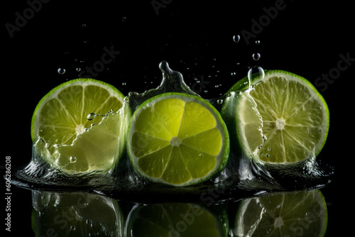five lime slices Splash of water drops over black background