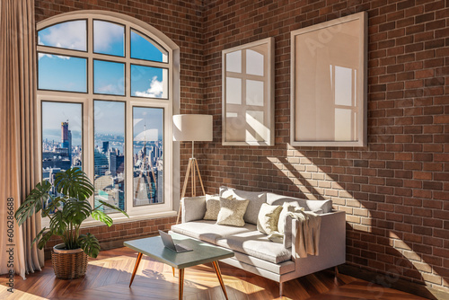 luxurious loft apartment with arched window and panoramic view over urban downtown  noble interior living room design mock up  3D Illustration © Imillian