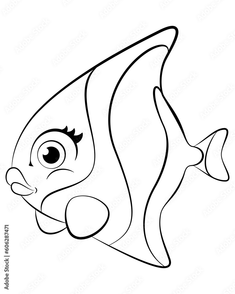 Obraz premium Cute Cartoon Fish. Line Art for Coloring Books. png cut out isolate illustration of a cute fish in a cartoon style for children's coloring books.