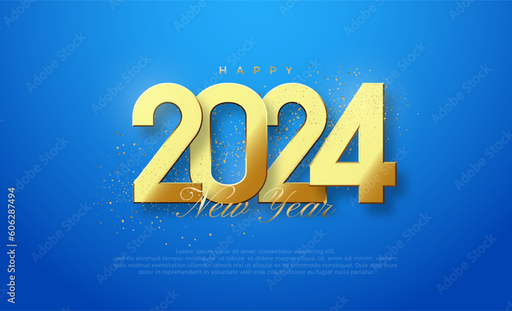 Happy new year 2024 with shiny golden numerals exposed to light. Premium vector design for banners, posters, newsletters and other purposes.