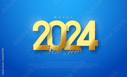 Happy new year 2024 with shiny golden numerals exposed to light. Premium vector design for banners, posters, newsletters and other purposes.