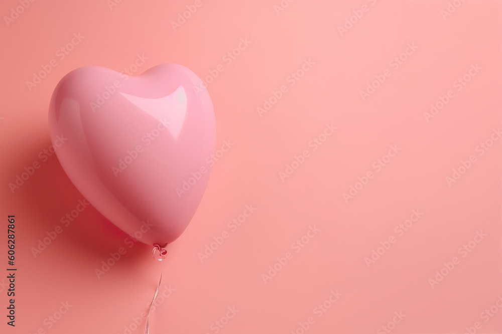 Pink background with heart balloon and copy space. Valentine's Day, Mother's or Woman's Day backdrop. Empty space for text. Postcard, greeting card design. Banner. I Love You. Generative AI.
