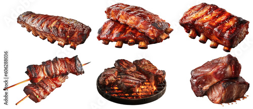 Tasty and juicy prepared and marinated meat on the bbq on a transparent background, Generative AI