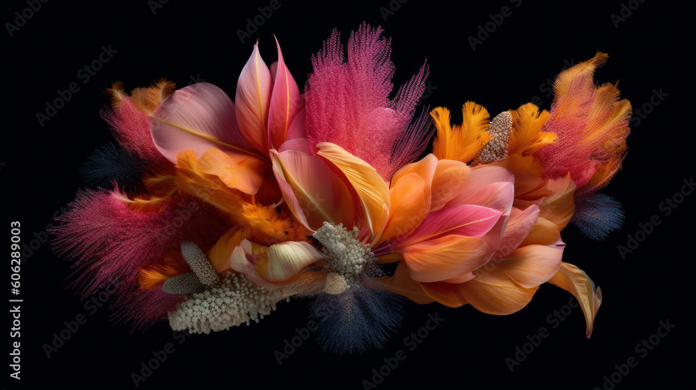 Abstract photo of orange and pink flowers made of feathers on a dark background, Generative AI Abstract photo of orange and pink flowers made of feathers on a dark background, Generative AI