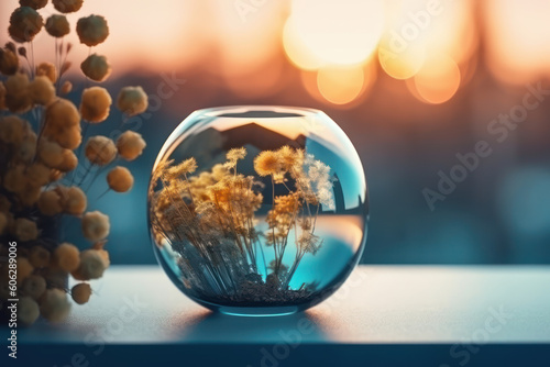 a glass ball vase with yellow flowers inside and blurry bokeh background. Generative AI