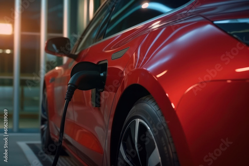 close up view of a modern red car charging up on an electric charger - Generative AI © Bartek