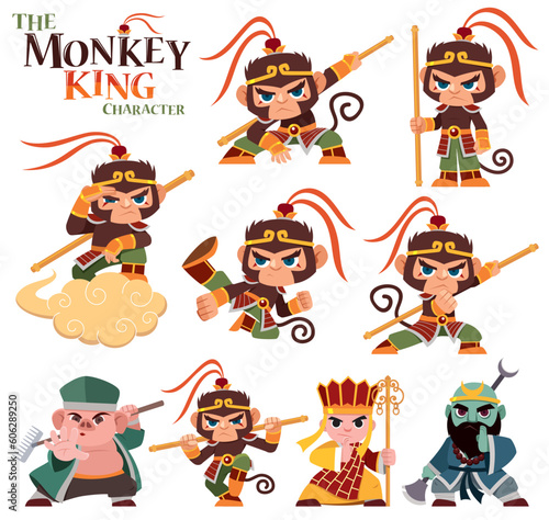 A dynamic and colorful cartoon-style illustration featuring the legendary Monkey King, in various action poses.