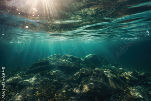 Subaquatic Illumination: Captivating Light Beneath the Ocean Surface. Generative AI © Bartek