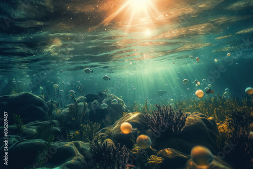 Surreal Underwater Realm: Sparkling Light Unveils a Hidden and Vibrant World. Generative AI