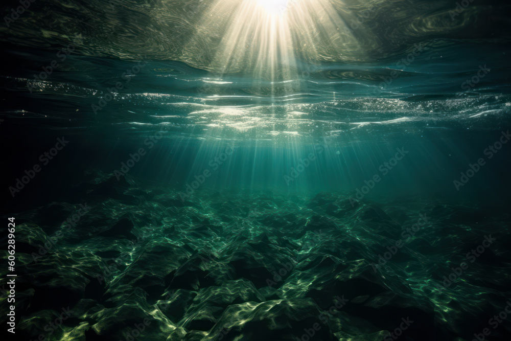 Obraz premium Submerged Radiance: Tranquil Light Shimmering from the Ocean Depths. Generative AI.