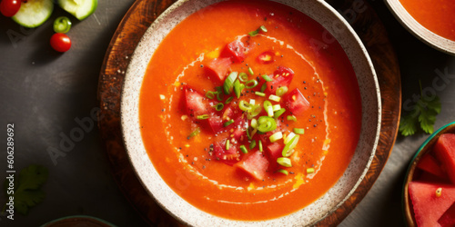 food photography of gazpacho in top view. Generative AI photo