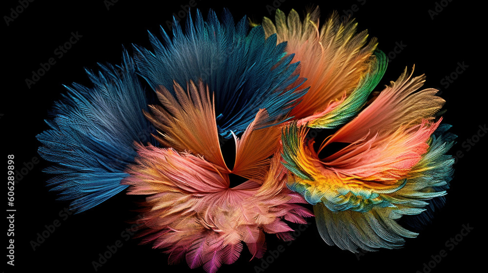 Abstract colorful flowers and feathers isolated on black background, organic form and circular shapes. Generative AI Abstract colorful flowers and feathers isolated on black background, organic form and circular shapes. Generative AI