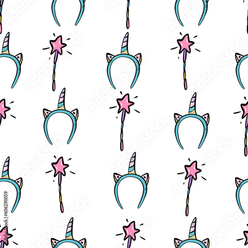 children s hair hoop with ears and unicorn horn. vector illustration. a magical outfit, the concept of a children s party. seamless pattern photo