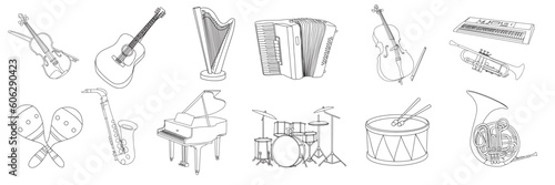 Big collection of doodle musical instruments. Violin, acoustic guitar, harp, accordion, cello, synthesizer, trumpet, maracas, saxophone, piano, drum set, drum, French horn. Vector illustration.