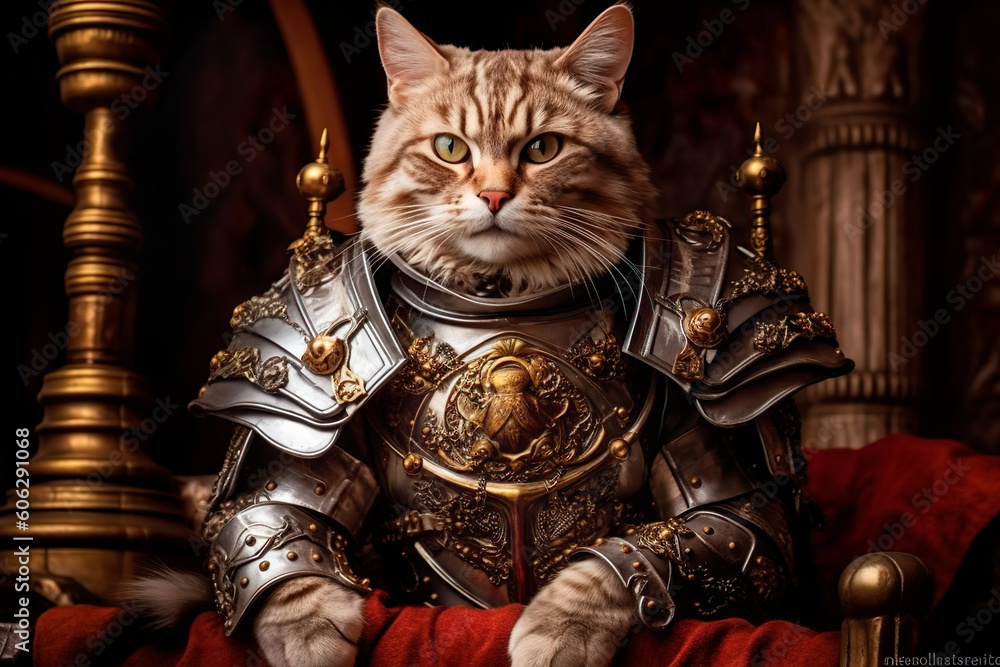 Fototapeta premium cat in armor, fantasy, medieval castle, ai generated