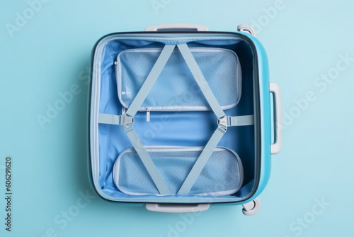 Fully opened blue suitcase on a blue background top view, Vacation travel concept, copy space