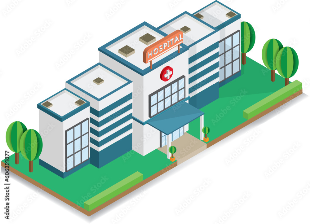 Vector isometric white hospital building overlaid on a white background clearly isolated illustration used in maps, teaching materials, infographics, cute bright style, description in English.