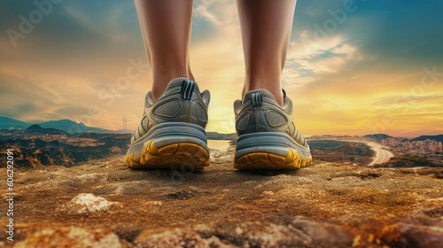Hiker foots shoes over landscape background. AI generative image.