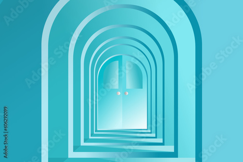 Blue arch hallway Geometric door shapes minimal abstract background.