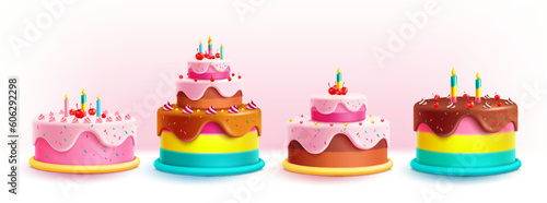 Birthday cakes set vector design. Birthday cake collection with colorful and yummy flavor. Vector illustration party elements collection. photo