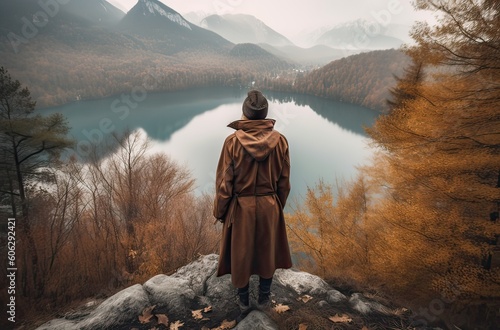 Mountaineer woman observes the views of a sunset on Lake. Generative Ai.