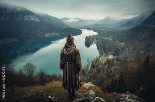 Mountaineer woman observes the views of a sunset on Lake. Generative Ai.