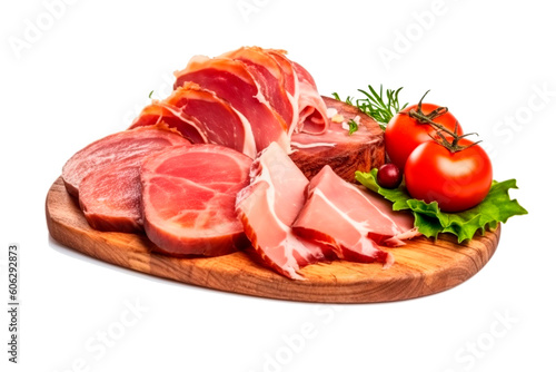 Board with delicious ham slices isolated
