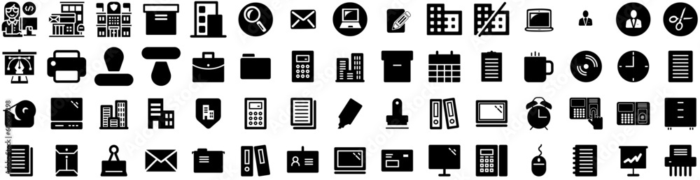 Set Of Office Icons Isolated Silhouette Solid Icon With Computer, Work, Desk, Modern, Table, Office, Business Infographic Simple Vector Illustration Logo Set Of Office Icons Isolated Silhouette Solid Icon With Computer, Work, Desk, Modern, Table, Office, Business Infographic Simple Vector Illustration Logo