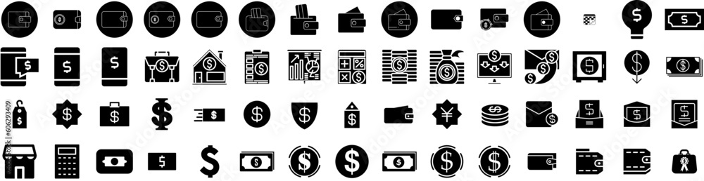 Set Of Money Icons Isolated Silhouette Solid Icon With Finance, Payment, Currency, Cash, Business, Money, Dollar Infographic Simple Vector Illustration Logo Set Of Money Icons Isolated Silhouette Solid Icon With Finance, Payment, Currency, Cash, Business, Money, Dollar Infographic Simple Vector Illustration Logo