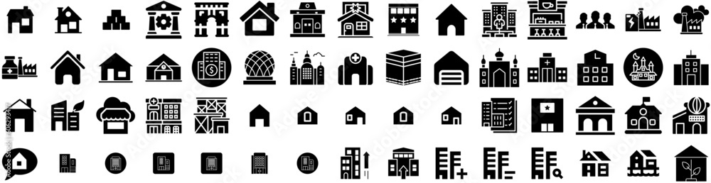 Set Of Building Icons Isolated Silhouette Solid Icon With Office, Building, Construction, Architecture, Urban, City, Business Infographic Simple Vector Illustration Logo