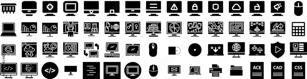 Set Of Computer Icons Isolated Silhouette Solid Icon With Modern, Laptop, Screen, Display, Business, Computer, Technology Infographic Simple Vector Illustration Logo