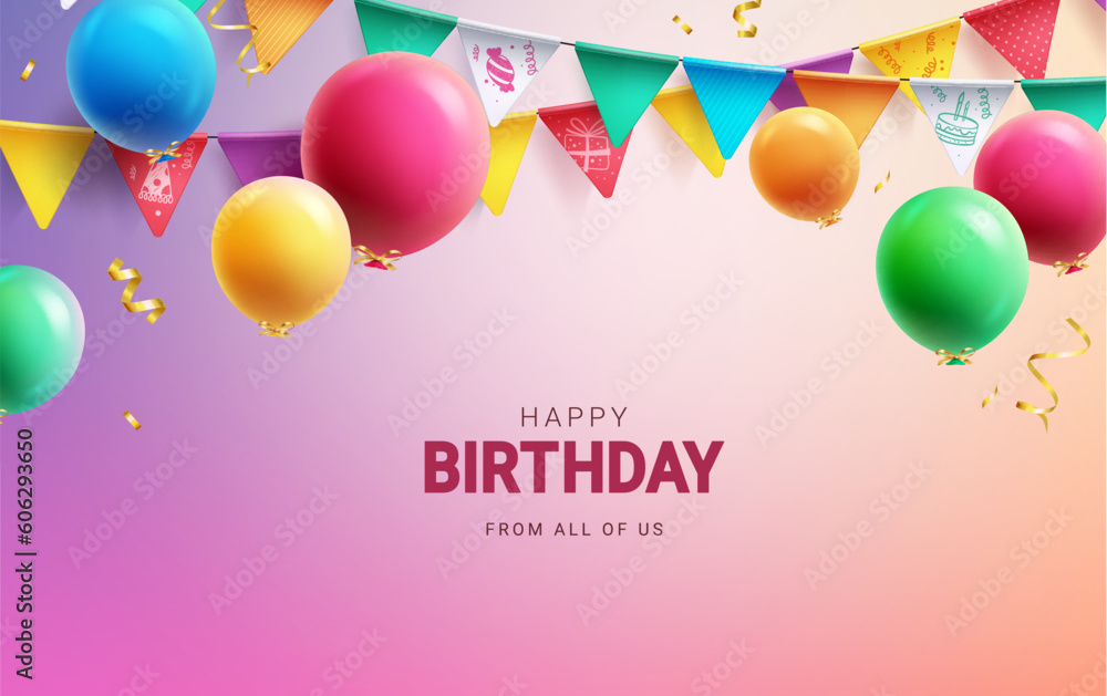 Happy birthday text vector design. Birthday balloons with pennants and streamer for kids party. Vector illustration invitation card background.