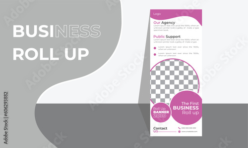 Marketing Roll Up Banner for Business Events and Corporate. Roll-Up Banner Layout with pink Accents. Roll Up template vector illustration.