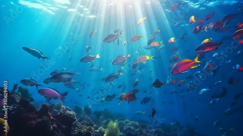 Beautiful underwater view of the coral reef. Life in the ocean. School of fish. Generative AI