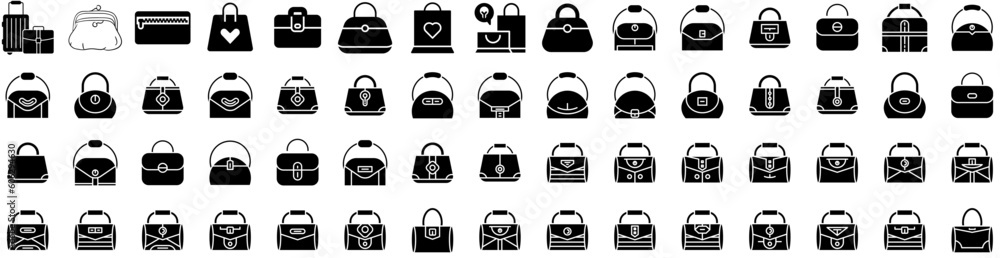 Set Of Handbag Icons Isolated Silhouette Solid Icon With Leather, Stylish, Purse, Luxury, Fashion, Bag, Handbag Infographic Simple Vector Illustration Logo Set Of Handbag Icons Isolated Silhouette Solid Icon With Leather, Stylish, Purse, Luxury, Fashion, Bag, Handbag Infographic Simple Vector Illustration Logo