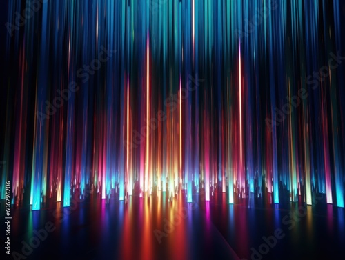 Neon lights Chromatic Holographic vertical lines on dark background Created with Generative AI technology.